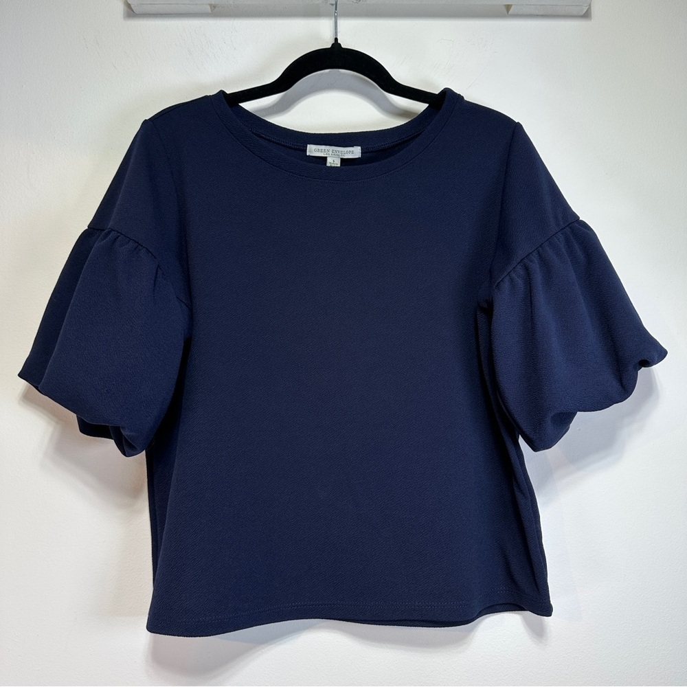 Green Envelope Puff Sleeve Top Navy Structured Minimalist Workwear Size L